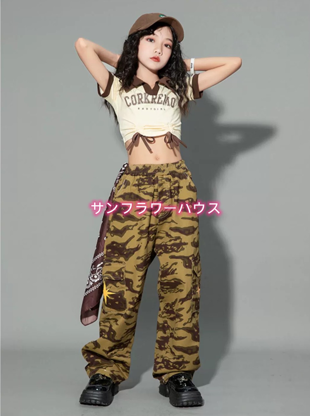 キッズダンス ガールズ 英字柄 子供ダンス衣装 女の子 JAZZ HIPHOP ステージ衣装 イベント 半袖 セットアップ ダンスウェア へそ出し チアガール ジャズ キッズ 