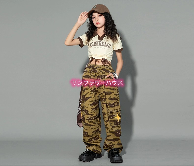 キッズダンス ガールズ 英字柄 子供ダンス衣装 女の子 JAZZ HIPHOP ステージ衣装 イベント 半袖 セットアップ ダンスウェア へそ出し チアガール ジャズ キッズ 