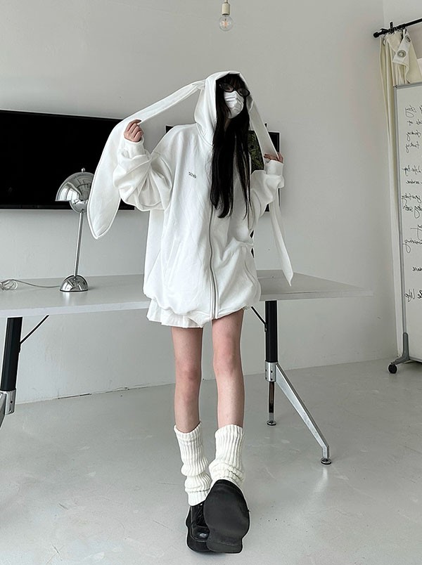 うさぎ 大きいサイズ ロングうさ耳 兎耳 かわいい ジャケット 長袖 フード付き レディース トップス 体型カバー 
