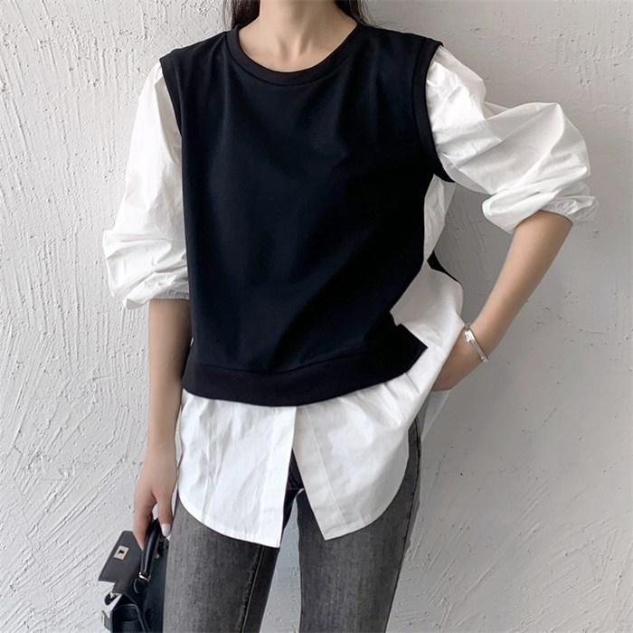 長袖シャツ レディース トップス ブラウス クルーネック 切り替え 薄手 カジュアル Tシャツ シンプル ゆったり 