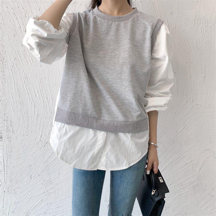 長袖シャツ レディース トップス ブラウス クルーネック 切り替え 薄手 カジュアル Tシャツ シンプル ゆったり 