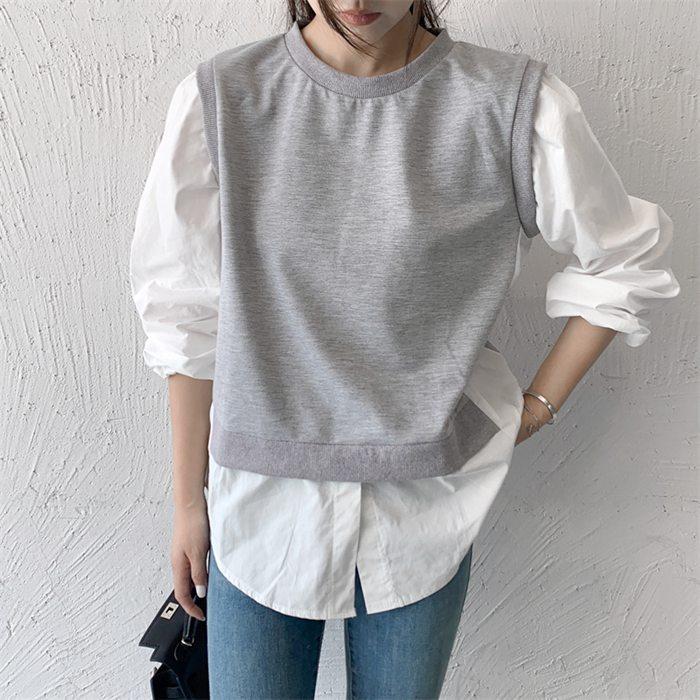 長袖シャツ レディース トップス ブラウス クルーネック 切り替え 薄手 カジュアル Tシャツ シンプル ゆったり 