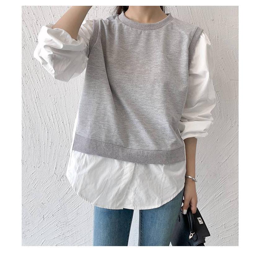 長袖シャツ レディース トップス ブラウス クルーネック 切り替え 薄手 カジュアル Tシャツ シンプル ゆったり 