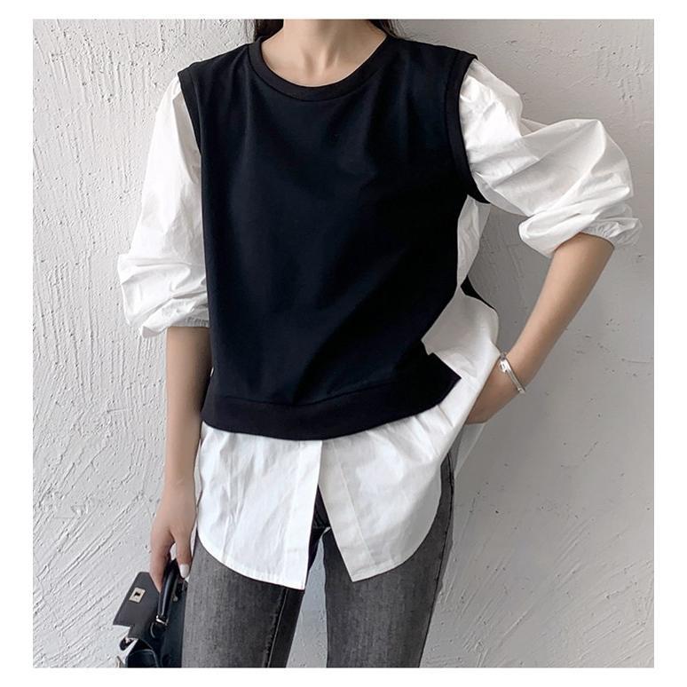 長袖シャツ レディース トップス ブラウス クルーネック 切り替え 薄手 カジュアル Tシャツ シンプル ゆったり 