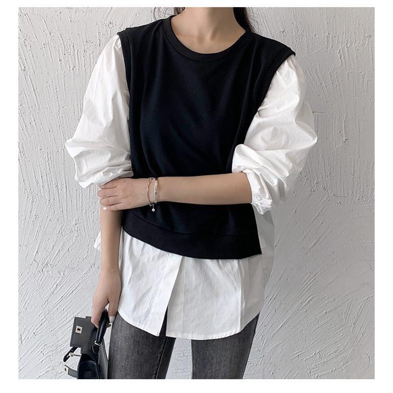 長袖シャツ レディース トップス ブラウス クルーネック 切り替え 薄手 カジュアル Tシャツ シンプル ゆったり 