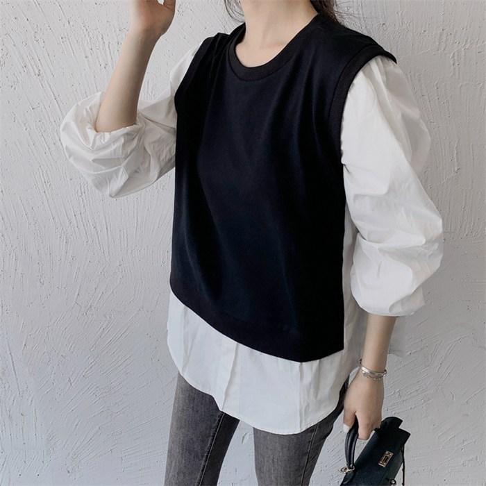 長袖シャツ レディース トップス ブラウス クルーネック 切り替え 薄手 カジュアル Tシャツ シンプル ゆったり 