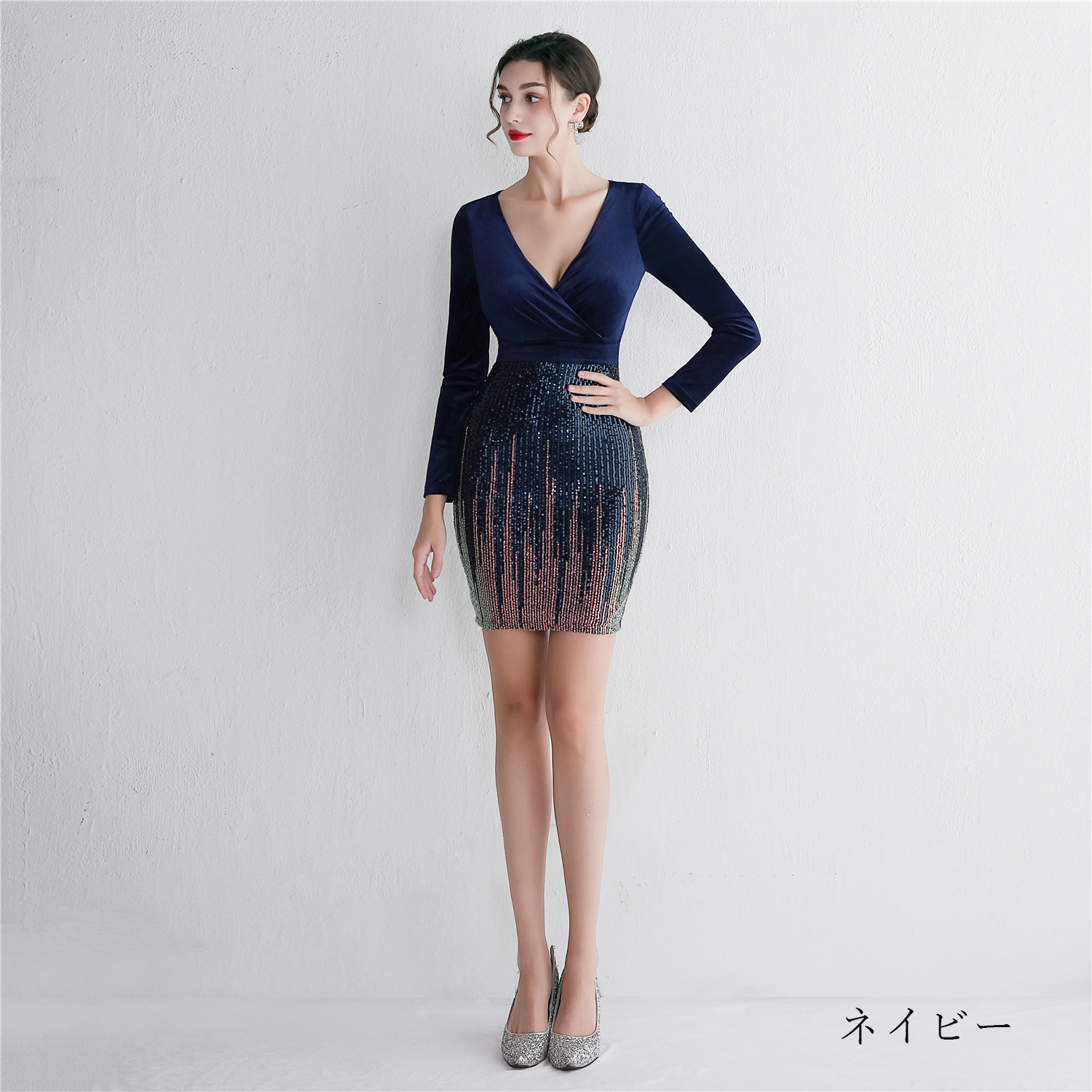 カラードレス ミニドレス 長袖 パーティードレス 結婚式 二次会 ワンピース ミディアムドレス 演奏会 フォーマルドレス 演出 発表会 スパンファスナー 