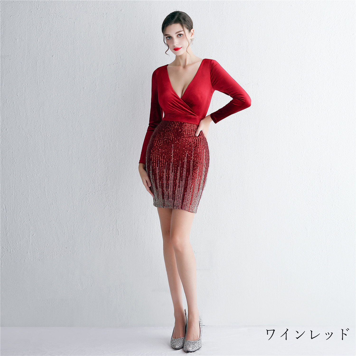 カラードレス ミニドレス 長袖 パーティードレス 結婚式 二次会 ワンピース ミディアムドレス 演奏会 フォーマルドレス 演出 発表会 スパンファスナー 