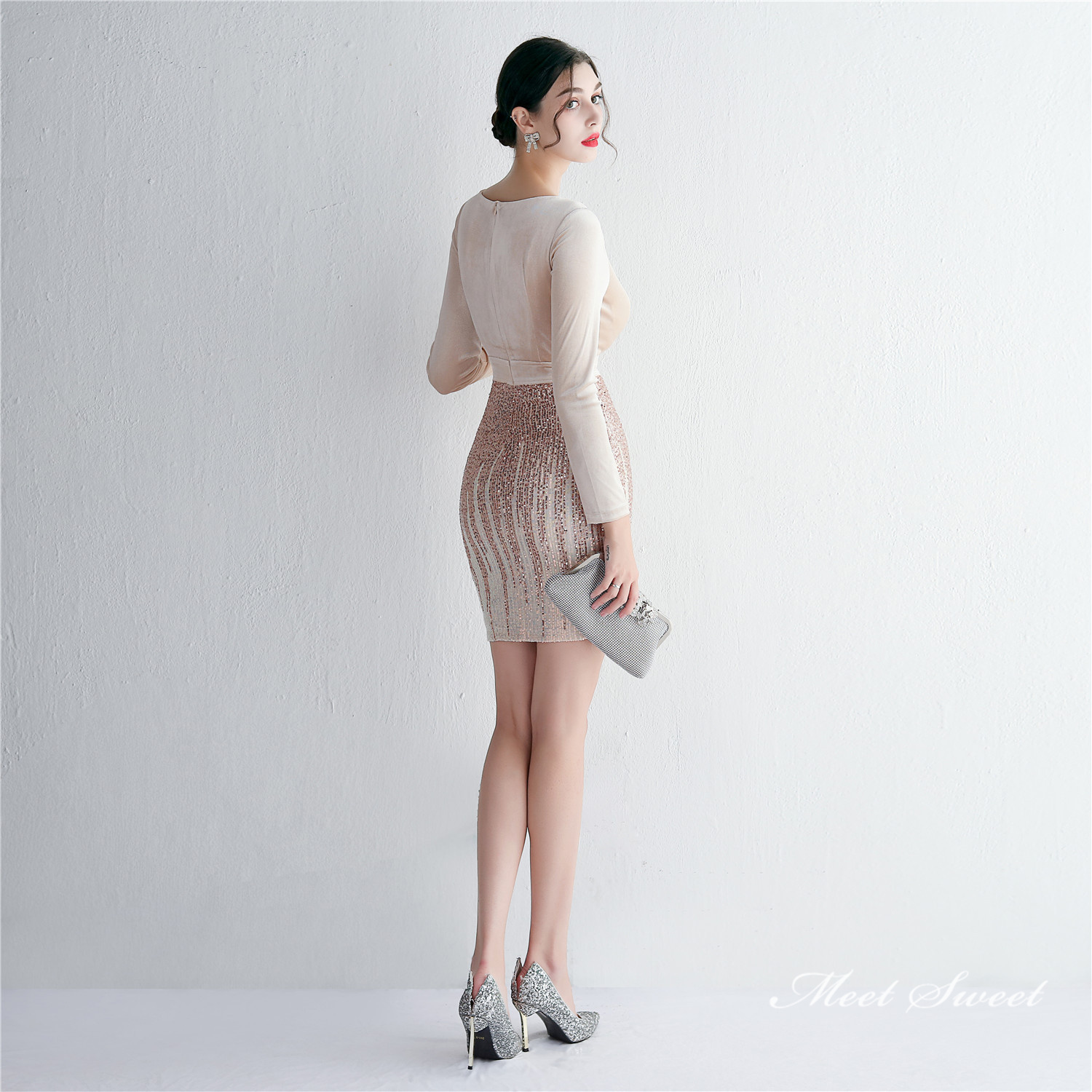 カラードレス ミニドレス 長袖 パーティードレス 結婚式 二次会 ワンピース ミディアムドレス 演奏会 フォーマルドレス 演出 発表会 スパンファスナー 