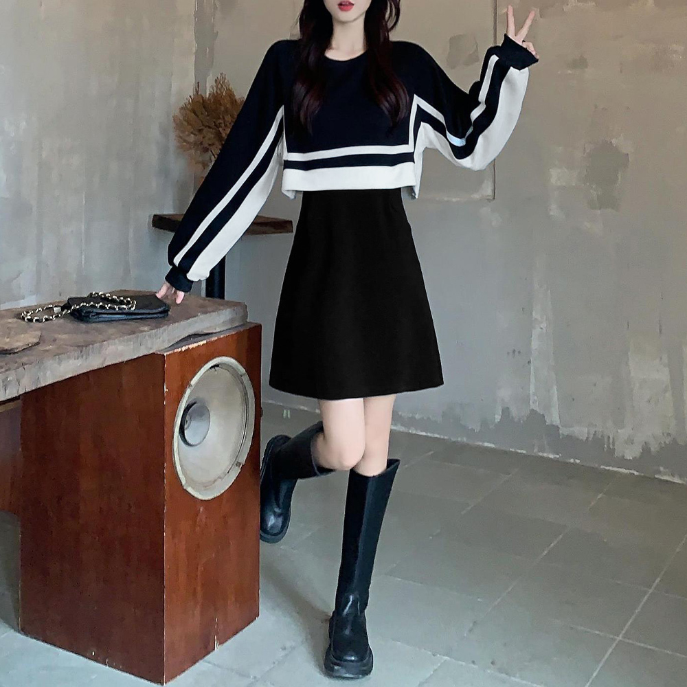 セットアップ風ワンピース 長袖 韓国秋冬 。可  