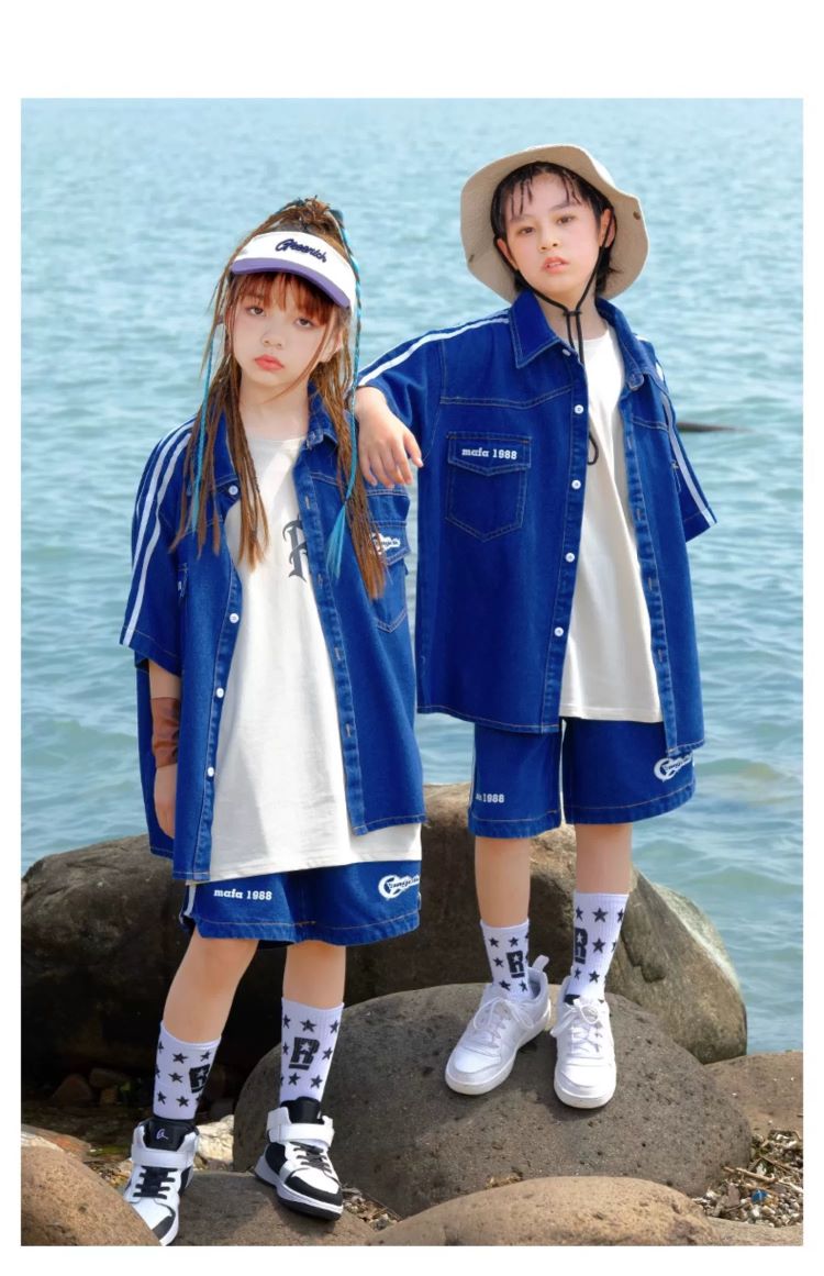 デニム キッズダンス衣装 セットアップ ヒップホップ ファッション デニムシャツ 男の子 デニムパンツ キッズ 韓国 ダンス衣装 K-POP ガールズ 