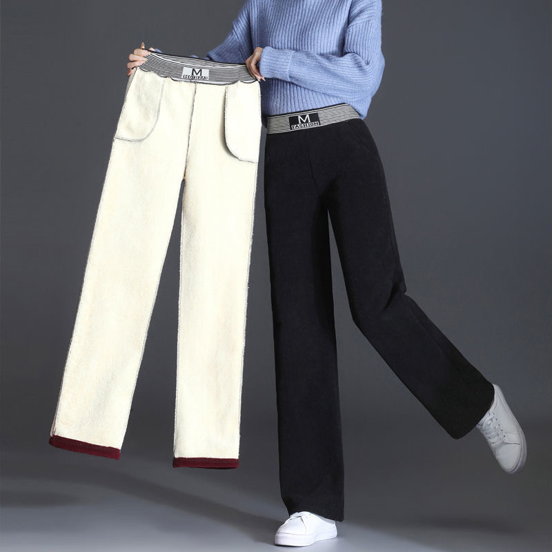 お取り寄せ商品 ワイドパンツ レディース 裏起毛 2タイプ 3COLORS ポリハイウエスト コーデュロイ M-3XL 着 ウエストゴム せ ストレートパンツ 無地 