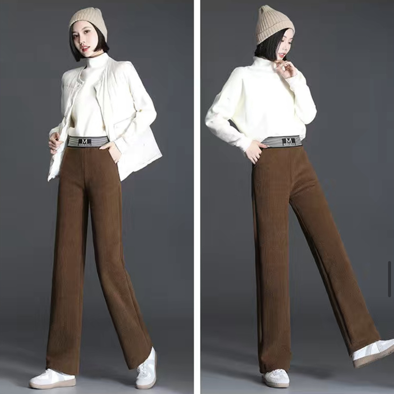 お取り寄せ商品 ワイドパンツ レディース 裏起毛 2タイプ 3COLORS ポリハイウエスト コーデュロイ M-3XL 着 ウエストゴム せ ストレートパンツ 無地 