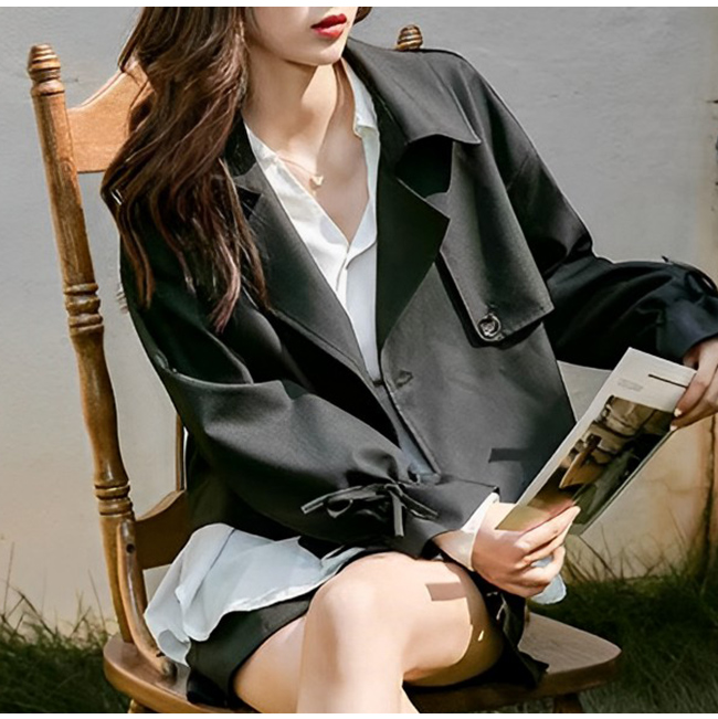 トレンチコート レディース ショート丈 ゆったり 薄手 長袖 エレおしゃれ アウター トレンド 体系カバー 