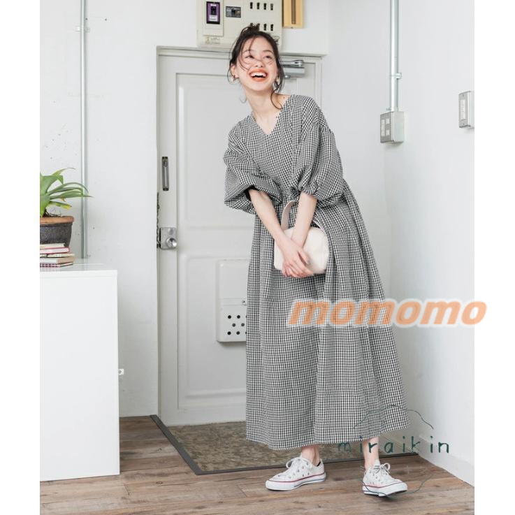 ワンピース レディース 春 夏 ロングワンピース 半袖 ゆったり大人 Aラインワンピース フリル ボリューム 五分袖 Vネック ギャザー チェック柄 パフスリーブ 