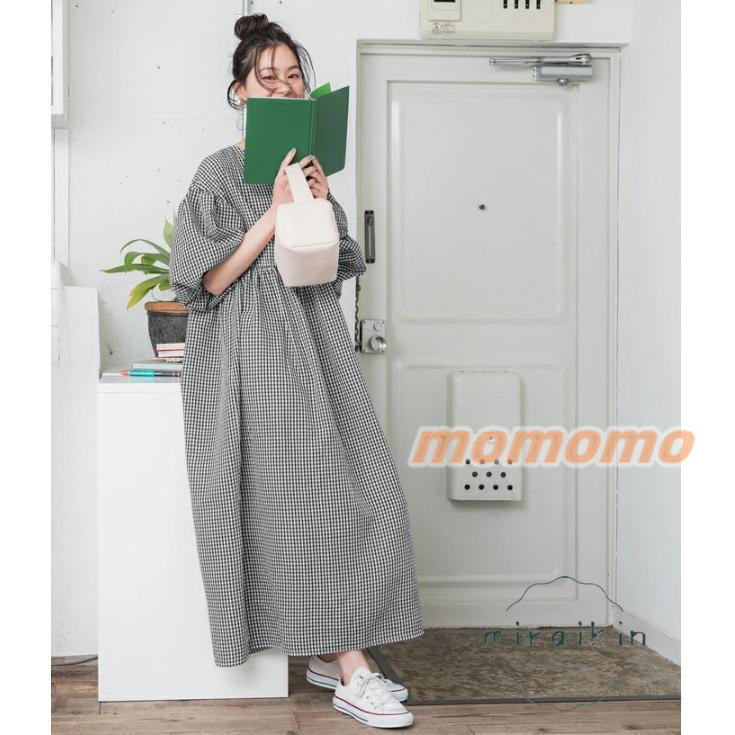 ワンピース レディース 春 夏 ロングワンピース 半袖 ゆったり大人 Aラインワンピース フリル ボリューム 五分袖 Vネック ギャザー チェック柄 パフスリーブ 
