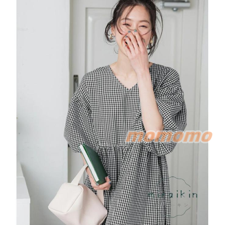 ワンピース レディース 春 夏 ロングワンピース 半袖 ゆったり大人 Aラインワンピース フリル ボリューム 五分袖 Vネック ギャザー チェック柄 パフスリーブ 