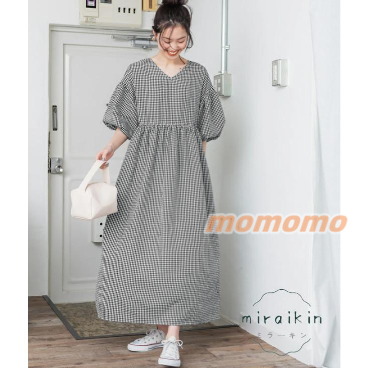 ワンピース レディース 春 夏 ロングワンピース 半袖 ゆったり大人 Aラインワンピース フリル ボリューム 五分袖 Vネック ギャザー チェック柄 パフスリーブ 