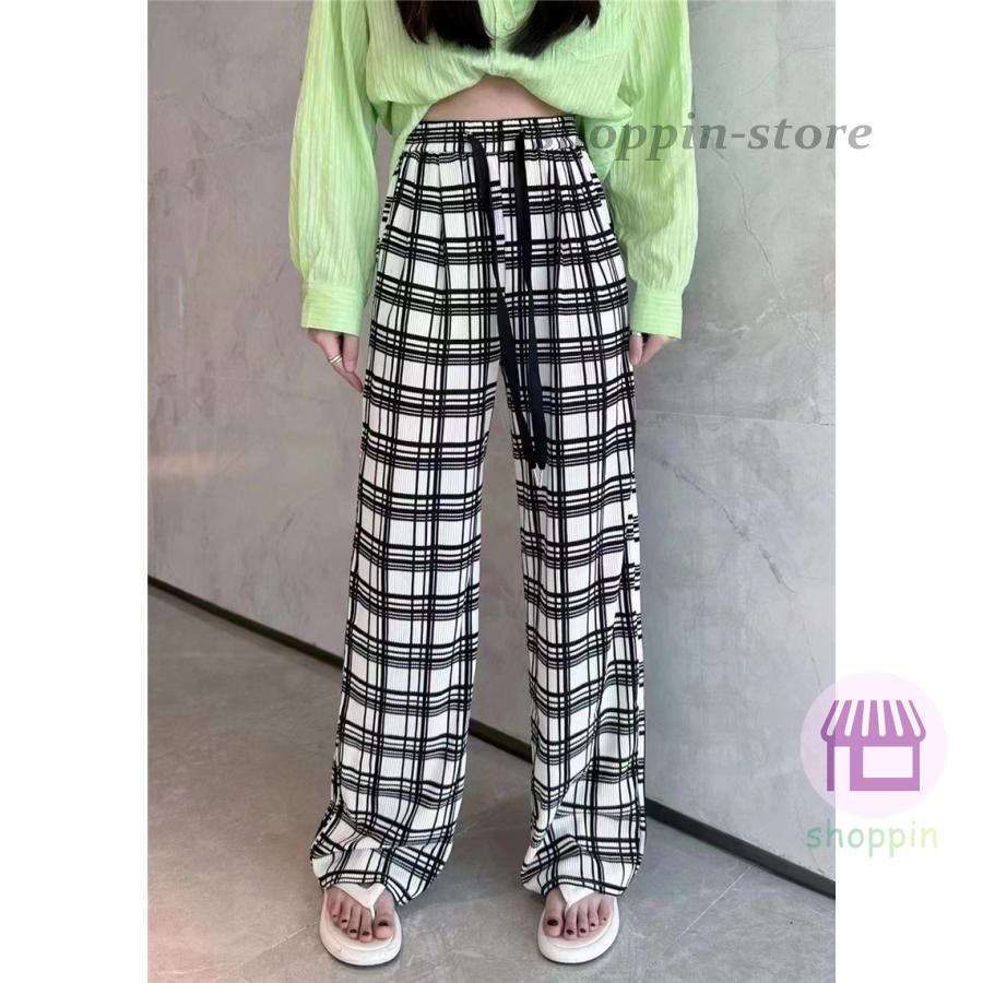 ワイドパンツ レディース ガウチョパンツ ストライプ チェック柄 接触冷感 ゆったり ウエストゴム 春夏 ルームウェア 薄手 イージーパンツ 