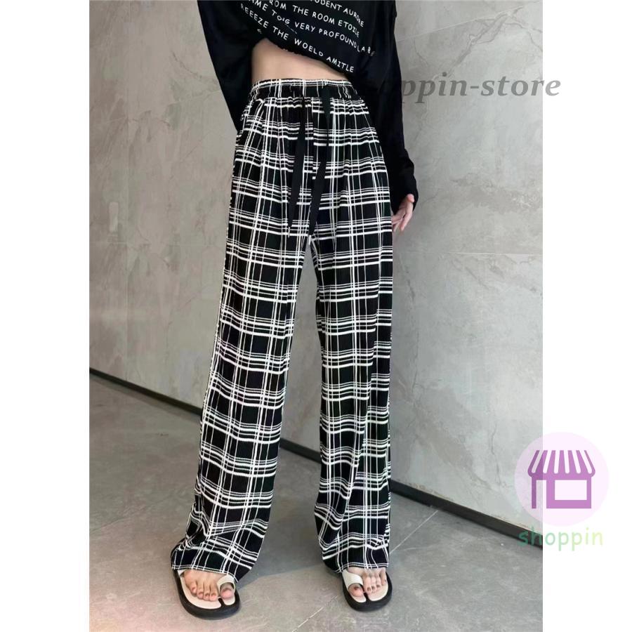 ワイドパンツ レディース ガウチョパンツ ストライプ チェック柄 接触冷感 ゆったり ウエストゴム 春夏 ルームウェア 薄手 イージーパンツ 