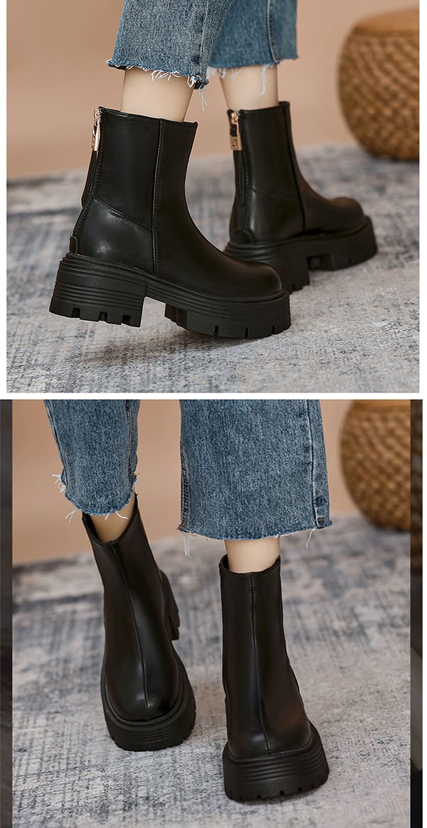 ショートブーツ 厚底 25.0 バックジップ 歩きやすい 痛くない 疲れない ミドルブーツ 黒 厚底ブーツ 春ブーツ幅広 スクエアトゥ 