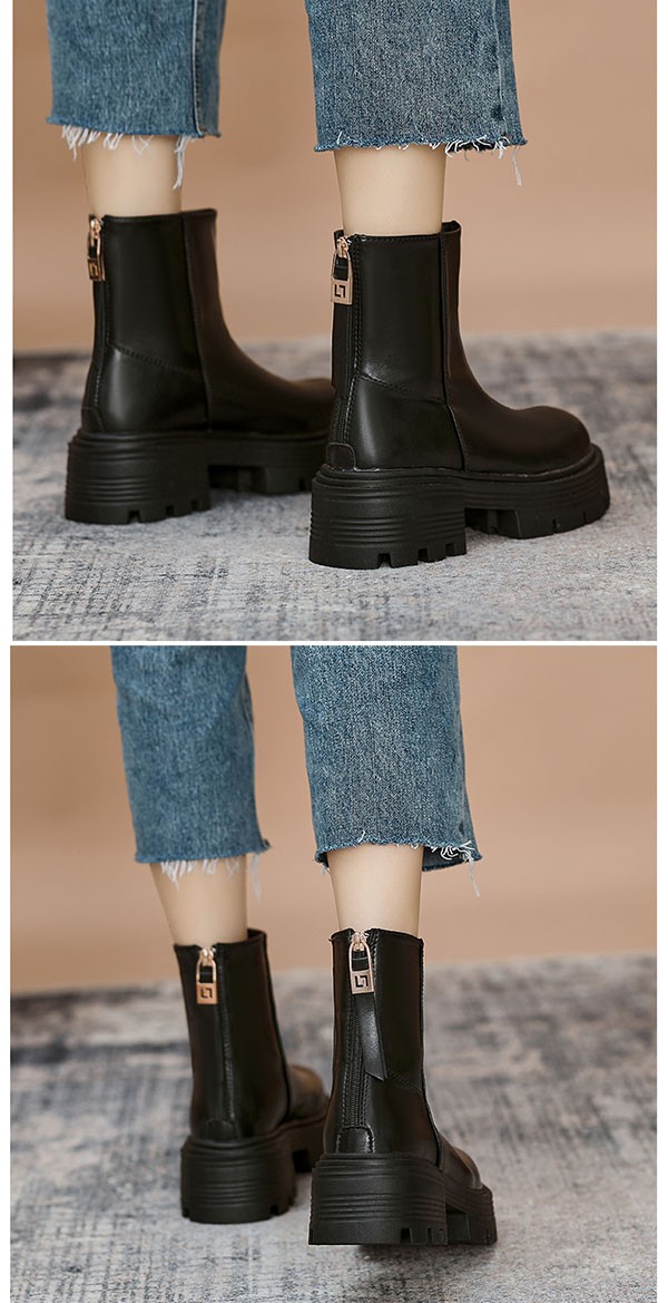 ショートブーツ 厚底 25.0 バックジップ 歩きやすい 痛くない 疲れない ミドルブーツ 黒 厚底ブーツ 春ブーツ幅広 スクエアトゥ 