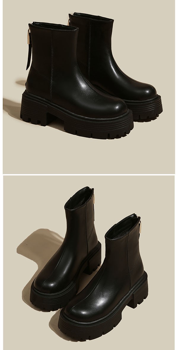 ショートブーツ 厚底 25.0 バックジップ 歩きやすい 痛くない 疲れない ミドルブーツ 黒 厚底ブーツ 春ブーツ幅広 スクエアトゥ 