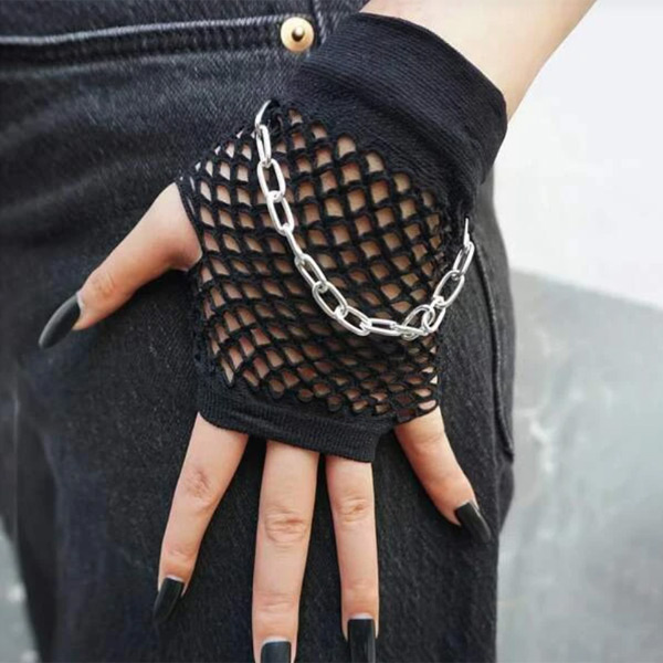 あり メッシュチェーン付き 手袋 ブラック 黒 指なし 指出し フィンガーレス 衣装 ダンス 韓国ファッション 個性的 コスチューム 