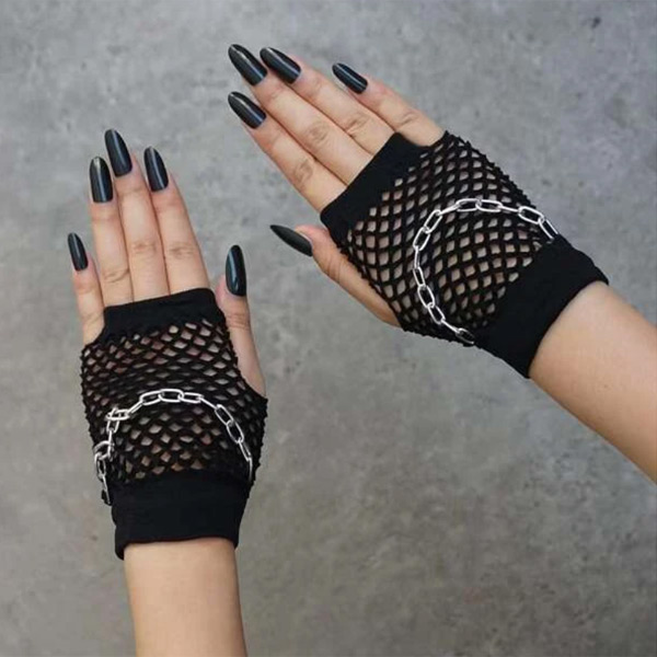 あり メッシュチェーン付き 手袋 ブラック 黒 指なし 指出し フィンガーレス 衣装 ダンス 韓国ファッション 個性的 コスチューム 