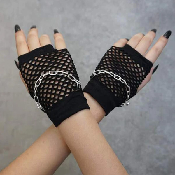あり メッシュチェーン付き 手袋 ブラック 黒 指なし 指出し フィンガーレス 衣装 ダンス 韓国ファッション 個性的 コスチューム 