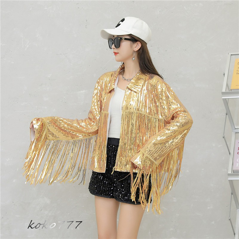 ジャケット レディースジャケット コート スパンフリンジ ダンスウェア ヒップホップ 部活 女子上着 チアガール 発表会 カジュアル 学園祭 アウター 