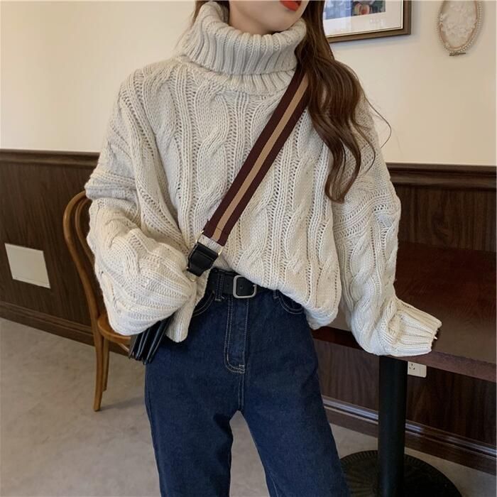 トップス ニット セーター ケーブル レディース きれいめ ショート丈 フェミニン 可愛い おしゃれ 大人 タートルネック ゆったり カジュアル ナチュラル 長袖 