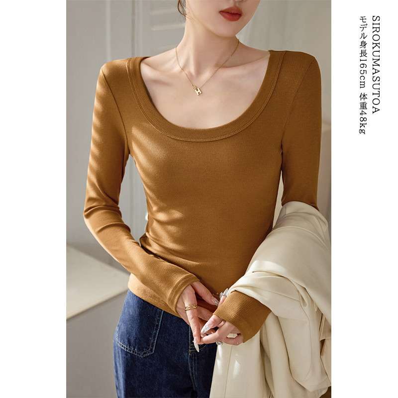 Tシャツ レディース 長袖 カットソー Uネック Tシャツ トップス 秋 日常 きれいめ 女性用 通勤 冬 オシャレ 細身 普段着 無地 リブ 