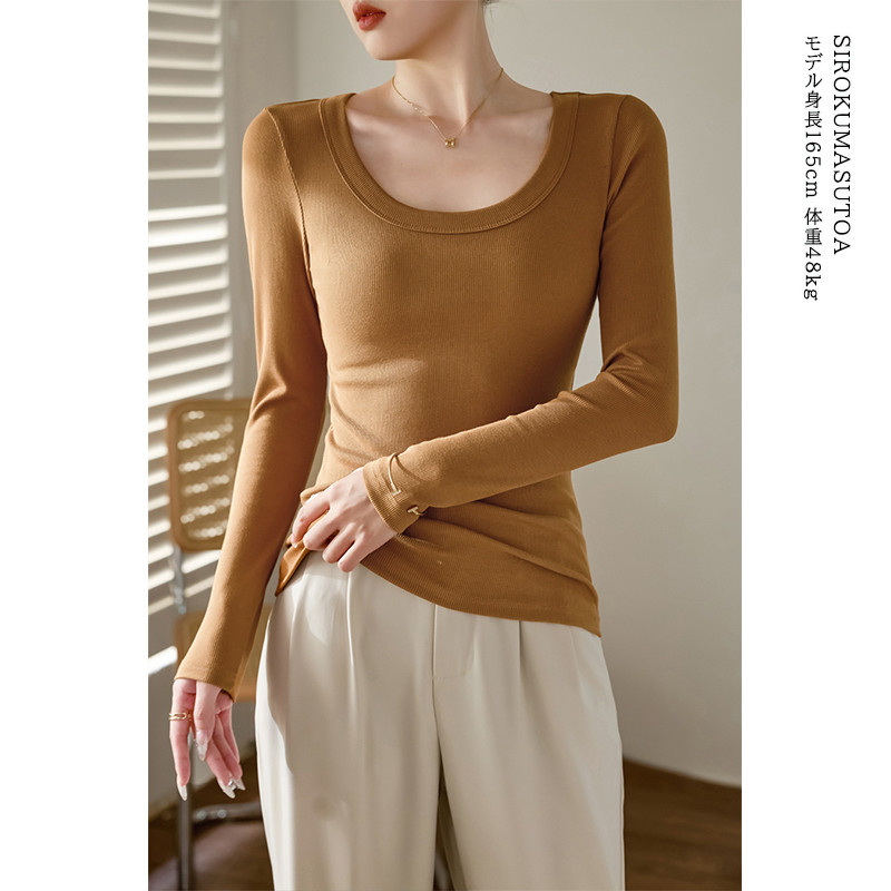 Tシャツ レディース 長袖 カットソー Uネック Tシャツ トップス 秋 日常 きれいめ 女性用 通勤 冬 オシャレ 細身 普段着 無地 リブ 