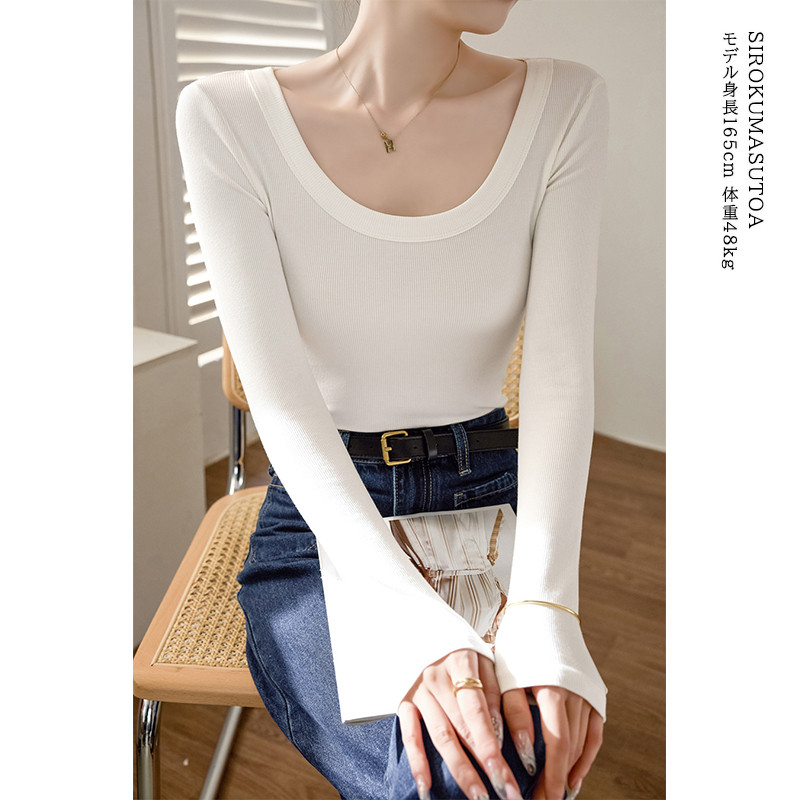 Tシャツ レディース 長袖 カットソー Uネック Tシャツ トップス 秋 日常 きれいめ 女性用 通勤 冬 オシャレ 細身 普段着 無地 リブ 