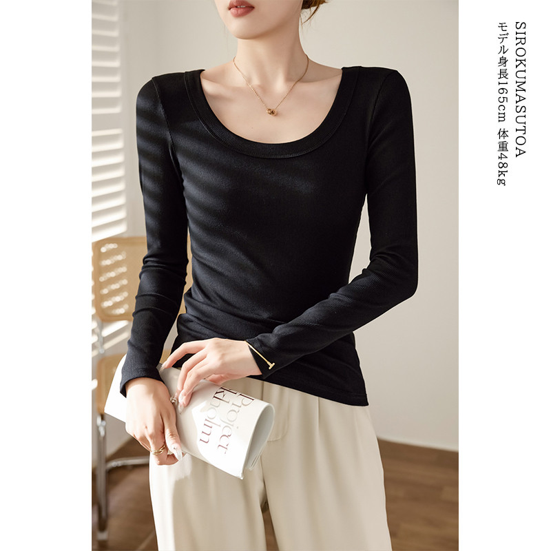 Tシャツ レディース 長袖 カットソー Uネック Tシャツ トップス 秋 日常 きれいめ 女性用 通勤 冬 オシャレ 細身 普段着 無地 リブ 