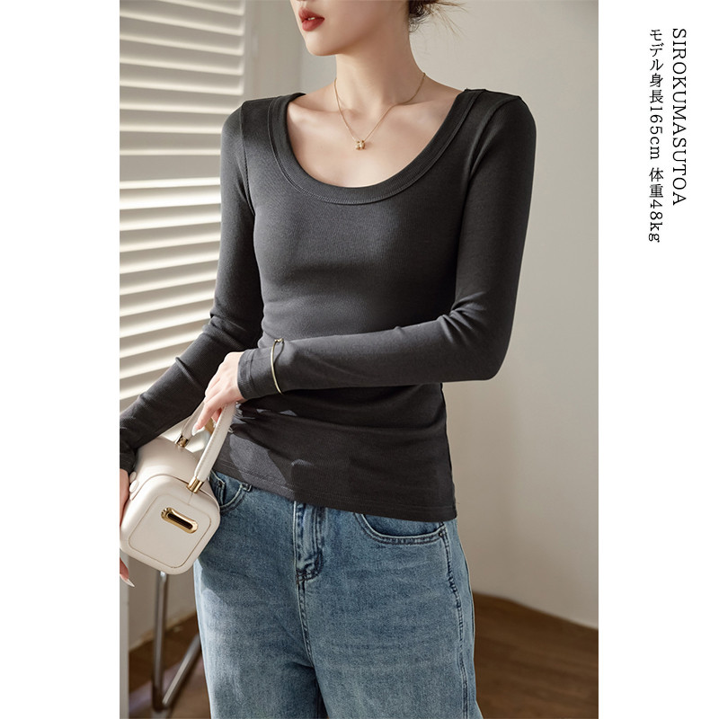 Tシャツ レディース 長袖 カットソー Uネック Tシャツ トップス 秋 日常 きれいめ 女性用 通勤 冬 オシャレ 細身 普段着 無地 リブ 