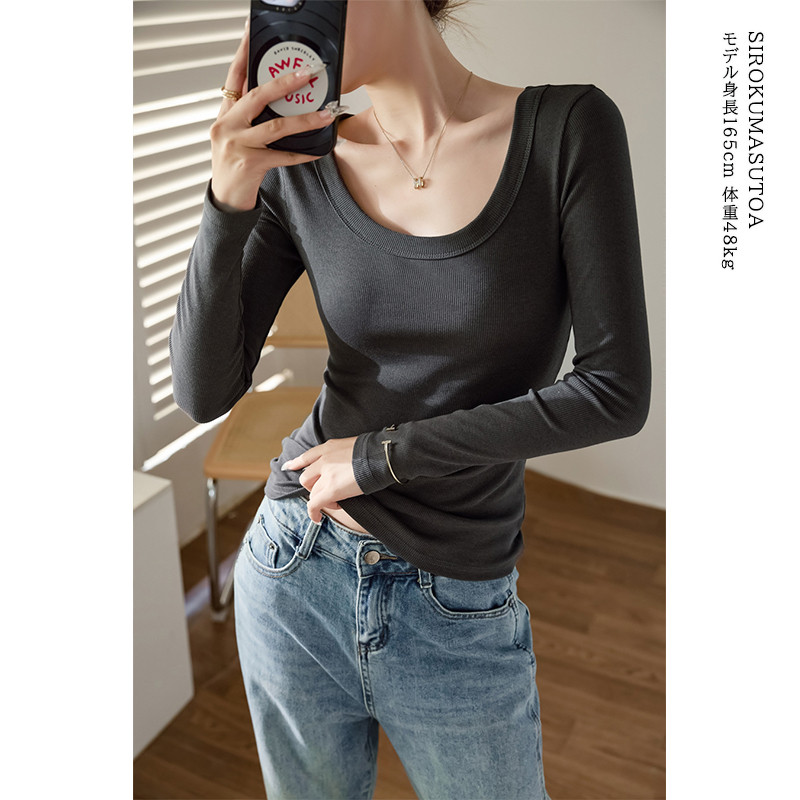 Tシャツ レディース 長袖 カットソー Uネック Tシャツ トップス 秋 日常 きれいめ 女性用 通勤 冬 オシャレ 細身 普段着 無地 リブ 