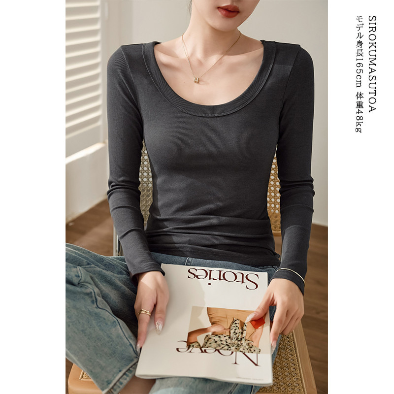 Tシャツ レディース 長袖 カットソー Uネック Tシャツ トップス 秋 日常 きれいめ 女性用 通勤 冬 オシャレ 細身 普段着 無地 リブ 