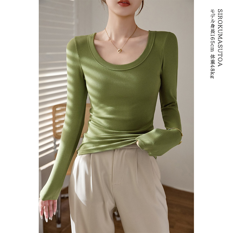 Tシャツ レディース 長袖 カットソー Uネック Tシャツ トップス 秋 日常 きれいめ 女性用 通勤 冬 オシャレ 細身 普段着 無地 リブ 