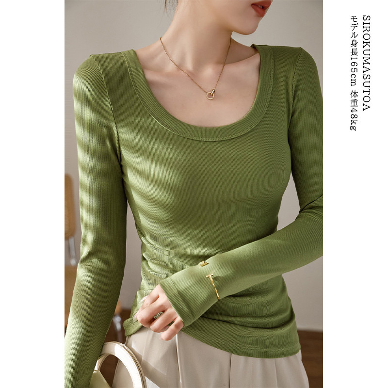 Tシャツ レディース 長袖 カットソー Uネック Tシャツ トップス 秋 日常 きれいめ 女性用 通勤 冬 オシャレ 細身 普段着 無地 リブ 