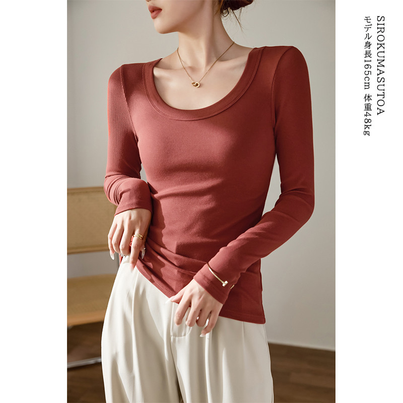 Tシャツ レディース 長袖 カットソー Uネック Tシャツ トップス 秋 日常 きれいめ 女性用 通勤 冬 オシャレ 細身 普段着 無地 リブ 