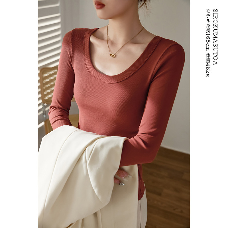 Tシャツ レディース 長袖 カットソー Uネック Tシャツ トップス 秋 日常 きれいめ 女性用 通勤 冬 オシャレ 細身 普段着 無地 リブ 