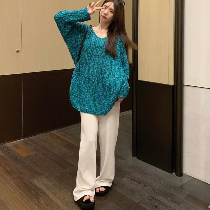 トップス ニット セーター ローゲージ レディース きれいめ ざっくり ルーズ シンプル 大人 カジュアル ゆったり オーバー おしゃれ 可愛い Vネック 体型カバー 