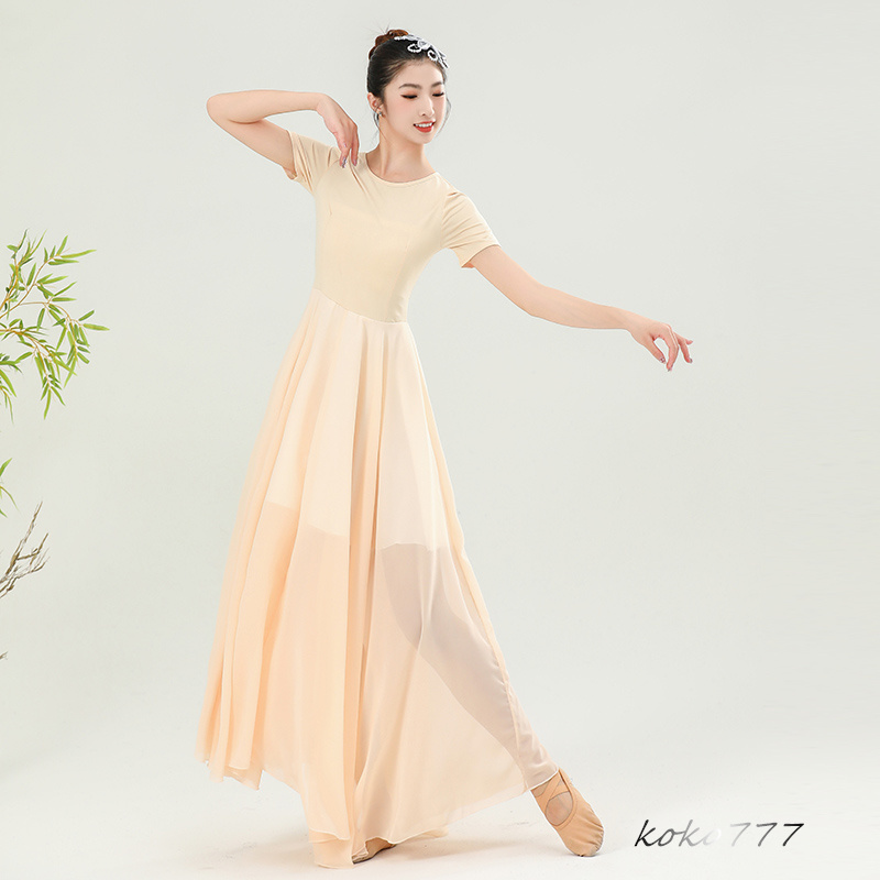 ワンピース レディース ロングドレス ダンスウエア 半袖 踊り パーティー コスチューム 舞台衣装 練習着 モダンダンス 発表会 無地 女子服 部活 シフォン 