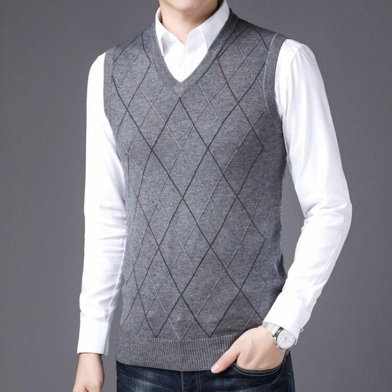 ニットベスト メンズ ジレ プルオーバー 春秋冬 チョッキ 室内着 Vネック 防寒 保温 ビジネス トップス インナー 重ね着 仕事 ゴルフ 暖かい 