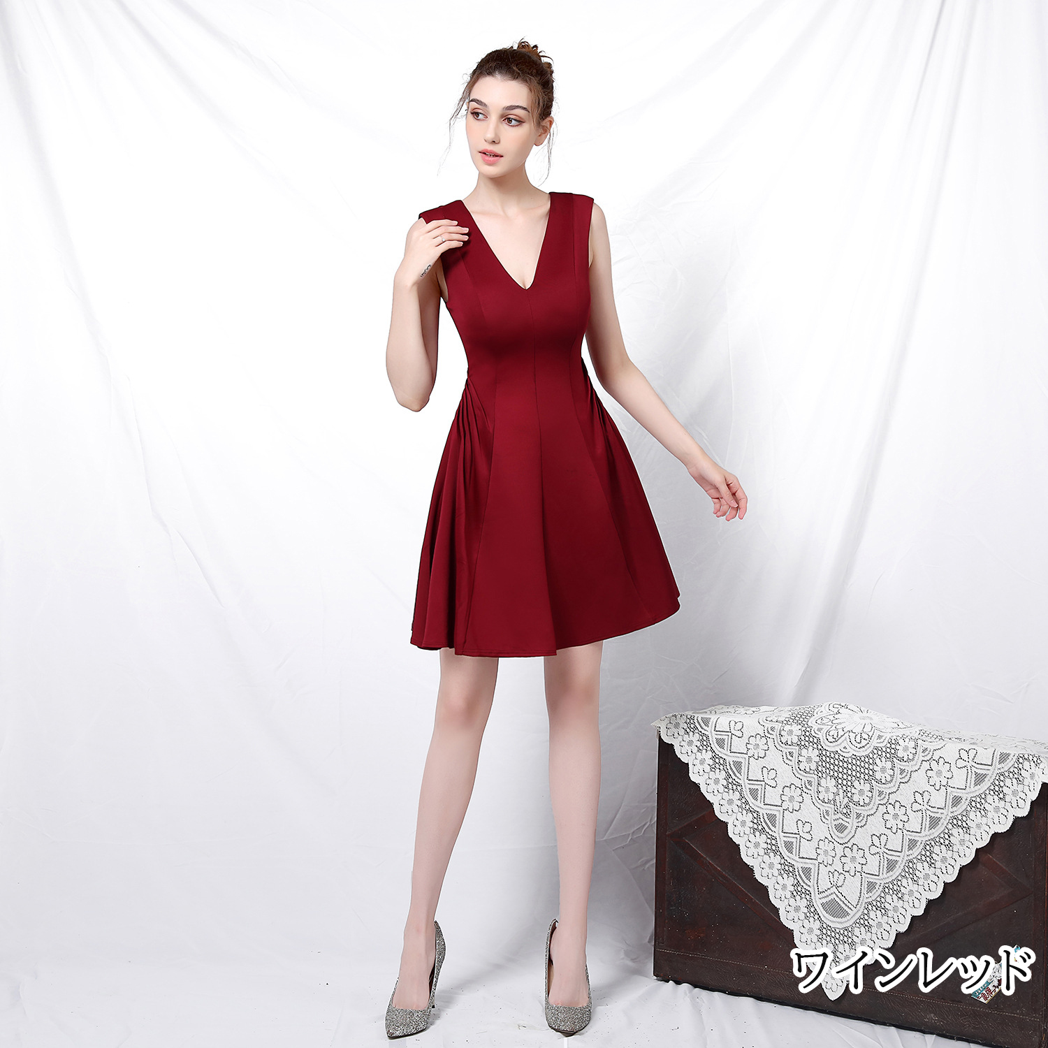 カラードレス ミニドレス 袖なし パーティードレス 結婚式 二次会 ミディアムドレス サテン フォーマルドレス 演奏会 ワンピース ファスナー 発表会 演出 