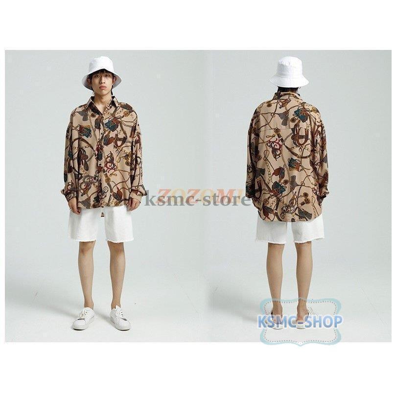 シャツメンズ服 シャツ メンズ カジュアルシャツ トップス長袖シャツ オープンカラーシャツ バラ柄 シャツ 開襟シャツ ビッグシルエット 