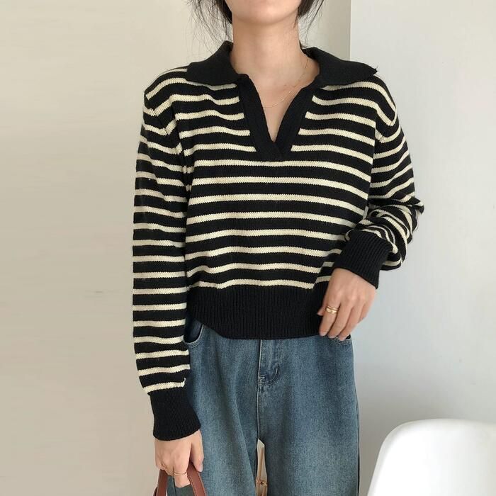 トップス ニット ボーダー Vネック カットソー レディース 長袖 ゆったり カジュアル 大人 フェミニン 体 ショート丈 可愛い リラックス きれいめ スキッパー 