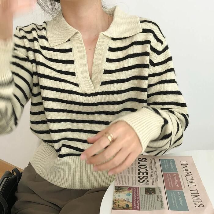 トップス ニット ボーダー Vネック カットソー レディース 長袖 ゆったり カジュアル 大人 フェミニン 体 ショート丈 可愛い リラックス きれいめ スキッパー 